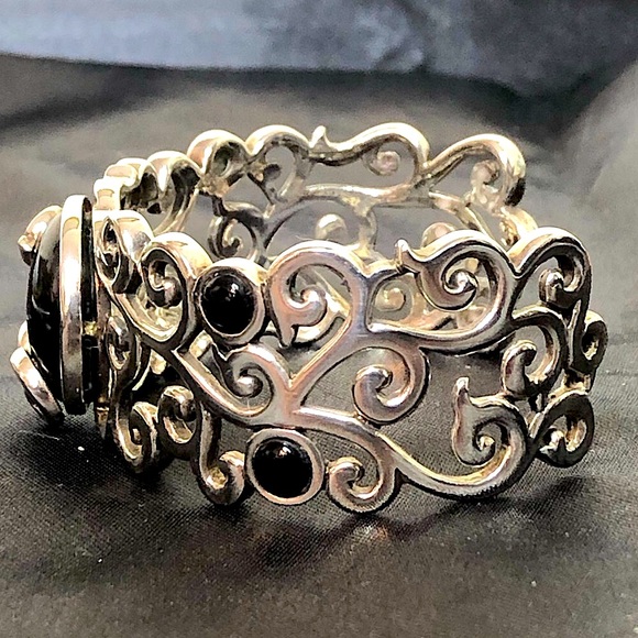 BARSE Black Onyx Cabochon Sterling Silver Scroll Filigree Cuff Bracelet MINT - Picture 11 of 15
